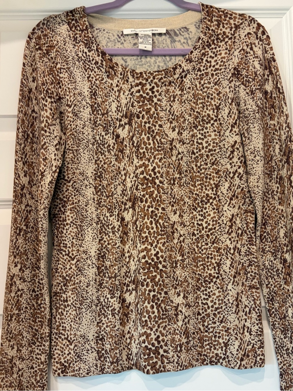 Diane Von Furstenberg Long-Sleeve Animal Print Top/ Sweater in Tan and Brown